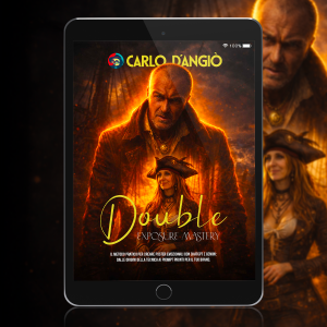 Copertina ebook Double Exposure Mastery di Carlo D’Angiò con ritratto in doppia esposizione e atmosfera cinematografica