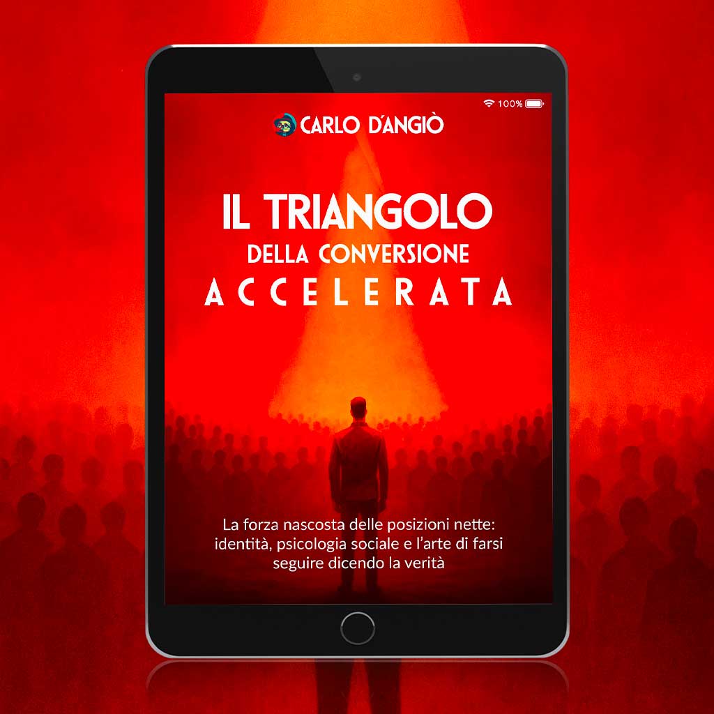 Copertina rossa del libro ‘Il Triangolo della Conversione Accelerata’ con una figura umana illuminata da un fascio di luce triangolare davanti a una folla, simbolo del coraggio di esporsi e di come farsi seguire online.