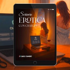Copertina dell’eBook “Scrivere erotica con ChatGPT” di Carlo D’Angiò, con una donna di spalle alla finestra, un laptop aperto e una luce calda al tramonto.