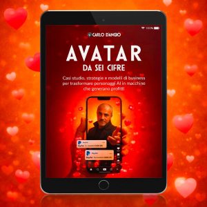 Avatar AI per guadagnare online – copertina dell’eBook Avatar da sei cifre di Carlo D’Angiò con smartphone, notifiche PayPal e cuoricini social