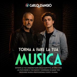 Copertina dell'eBook "Torna a fare la tua musica" di Carlo D'Angiò: l'autore e il suo avatar a diciott'anni davanti a un microfono da studio