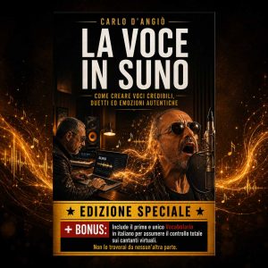 Copertina dell'ebook "La Voce in Suno" di Carlo D'Angiò, guida per dirigere voci, duetti ed emozioni con Suno AI